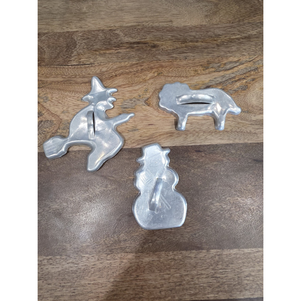 Vintage Aluminum Holiday Cookie Cutters Witch Snowman Lion Set Baking